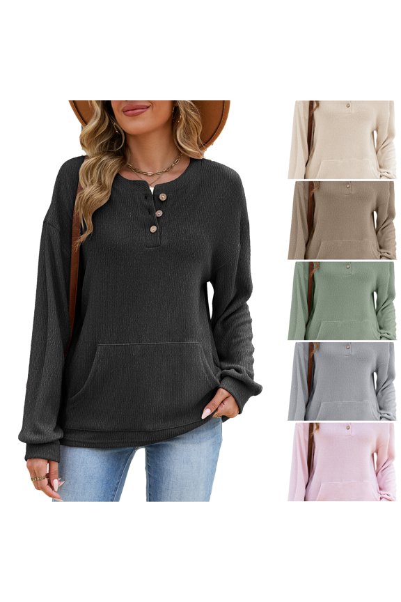Womens Crewneck Sweatshirts Casual Henley Neck Snap Button Sweaters Long Sleeve Ribbed Loose Fit Fall Tops Black L