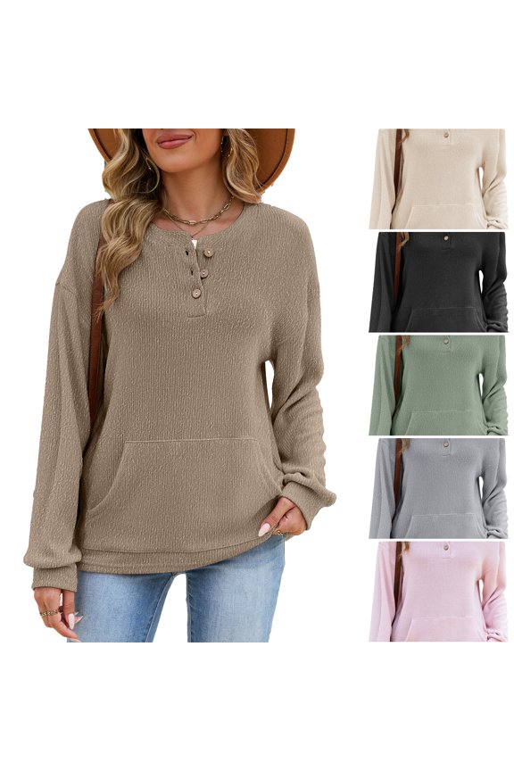 Womens Crewneck Sweatshirts Casual Henley Neck Snap Button Sweaters Long Sleeve Ribbed Loose Fit Fall Tops Coffee L
