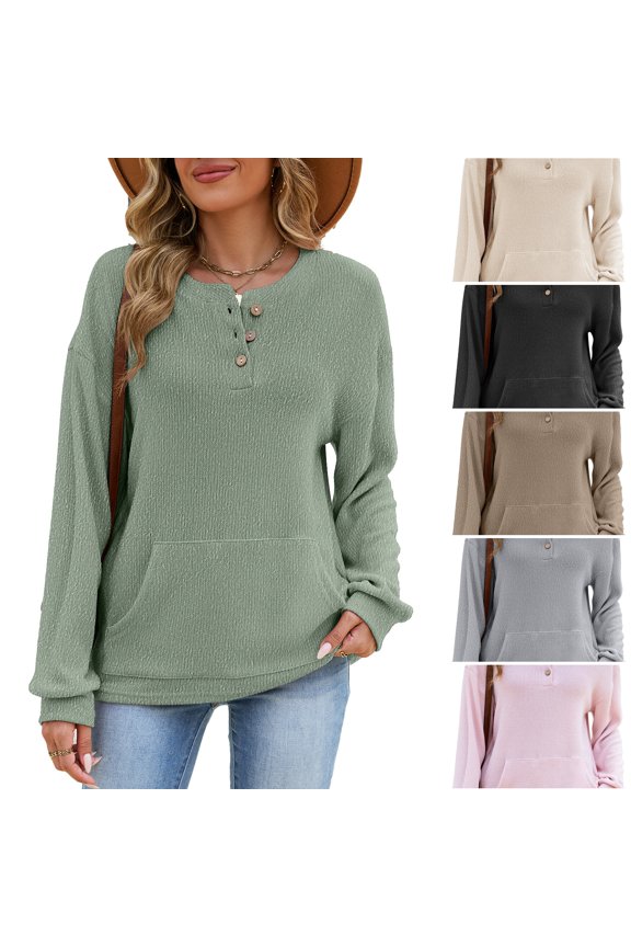 Womens Crewneck Sweatshirts Casual Henley Neck Snap Button Sweaters Long Sleeve Ribbed Loose Fit Fall Tops Green S