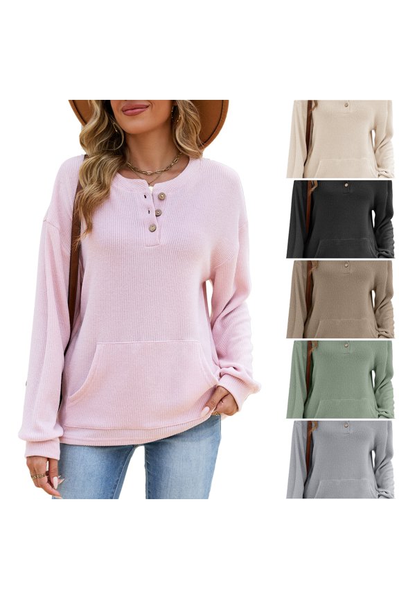 Womens Crewneck Sweatshirts Casual Henley Neck Snap Button Sweaters Long Sleeve Ribbed Loose Fit Fall Tops Pink L