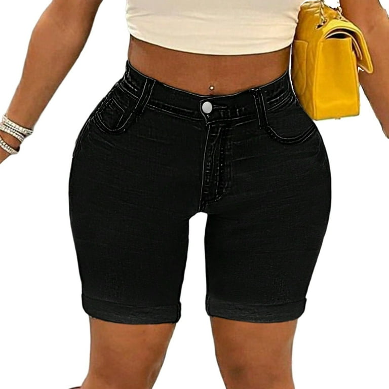 WULMLEO Womens Curvy Jean Shorts Pull on Mid Rise Denim Shorts