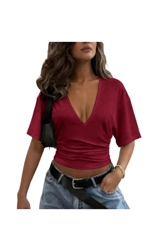 Womens Deep V Neck T Shirt Oversized Short Sleeve Loose Fit Sexy Summer Casual Tee Tops Red S
