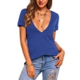 thumbnail image 1 of WULMLEO Womens Deep V-Neck T Shirts Sexy Short Sleeve Tops Summer Oversized Tee Blue XL, 1 of 5