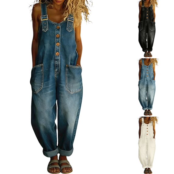 WULMLEO Womens Denim Jumpsuits One Piece Wide Leg Button Front Vintage Y2k Overall Casual Plus Size Office Vacation Jumpsuit with Pockets Blue 4XL
