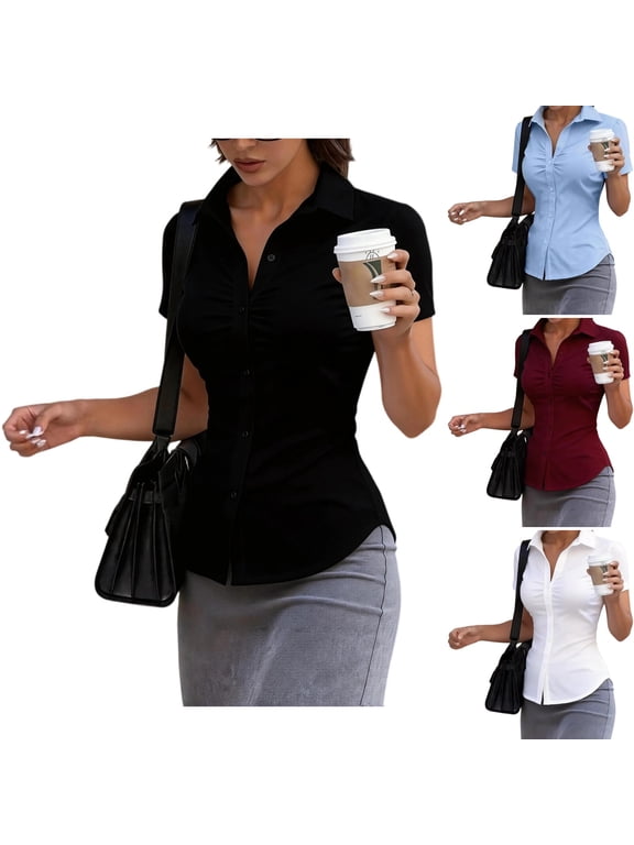 Womens Fitted Button Down Shirts, Formal Fitted Ladies Office Blouse Business Work Wear Girls Collared Shirt Slim Fit S-XXL Black Polyester