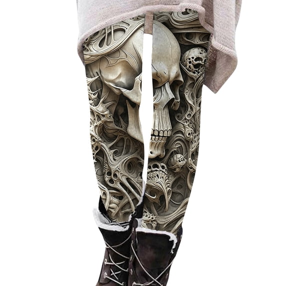 WULMLEO Womens Fitted High Waist Leggings Halloween Skeleton Floral Print Stretch Daily Costume Pants Gray S