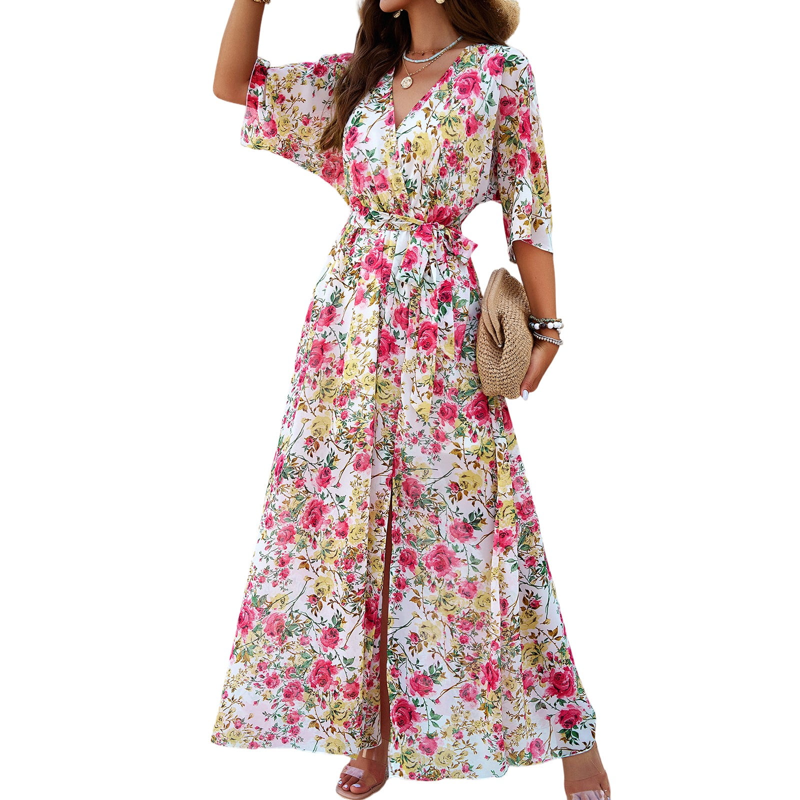 Women's Floral Maxi Dress - Button-Up Front, Side Split, Bohemian Flowy  Dress For Beach, Party, Or Engagement Events
