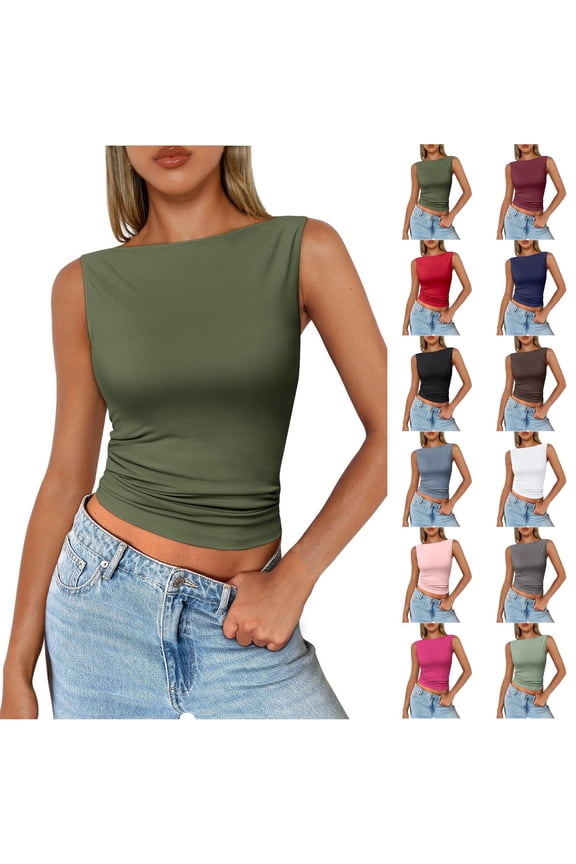 Womens Going Out Tank Tops Sleeveless Summer 2026 Trendy Cute Shirts Boat Neck Basic Y2K Fashion Tshirts White L