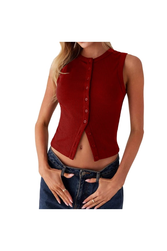 Womens Going Out Tops Ribbed Button Down Sleeveless Tank Top Sexy Slim Fit Y2k Summer Shirt Cute Clothes Red S