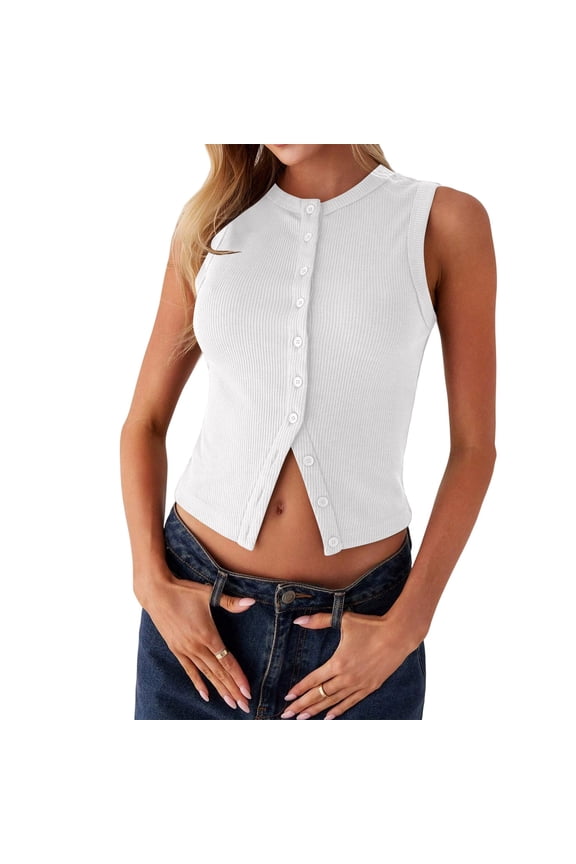 Womens Going Out Tops Ribbed Button Down Sleeveless Tank Top Sexy Slim Fit Y2k Summer Shirt Cute Clothes White S