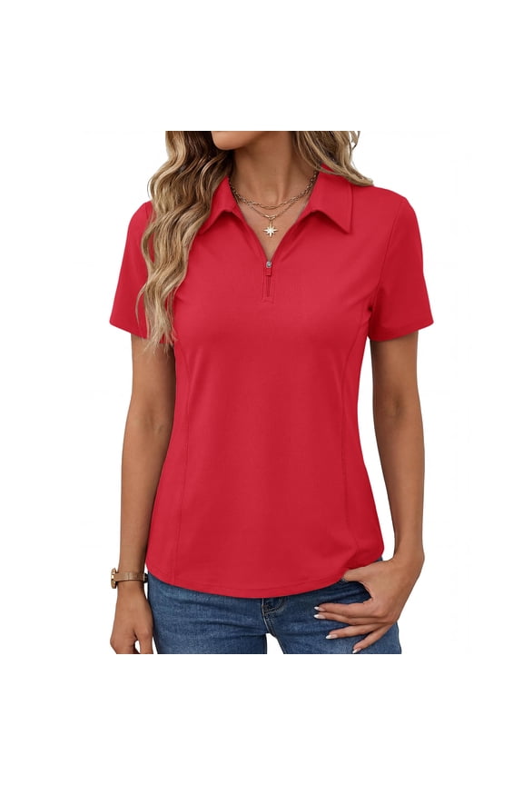 Womens Golf Polo Shirts Summer Short Sleeve 1/4 Zip Tops Moisture Wicking Casual Tennis Activewear with Pockets Red 3XL