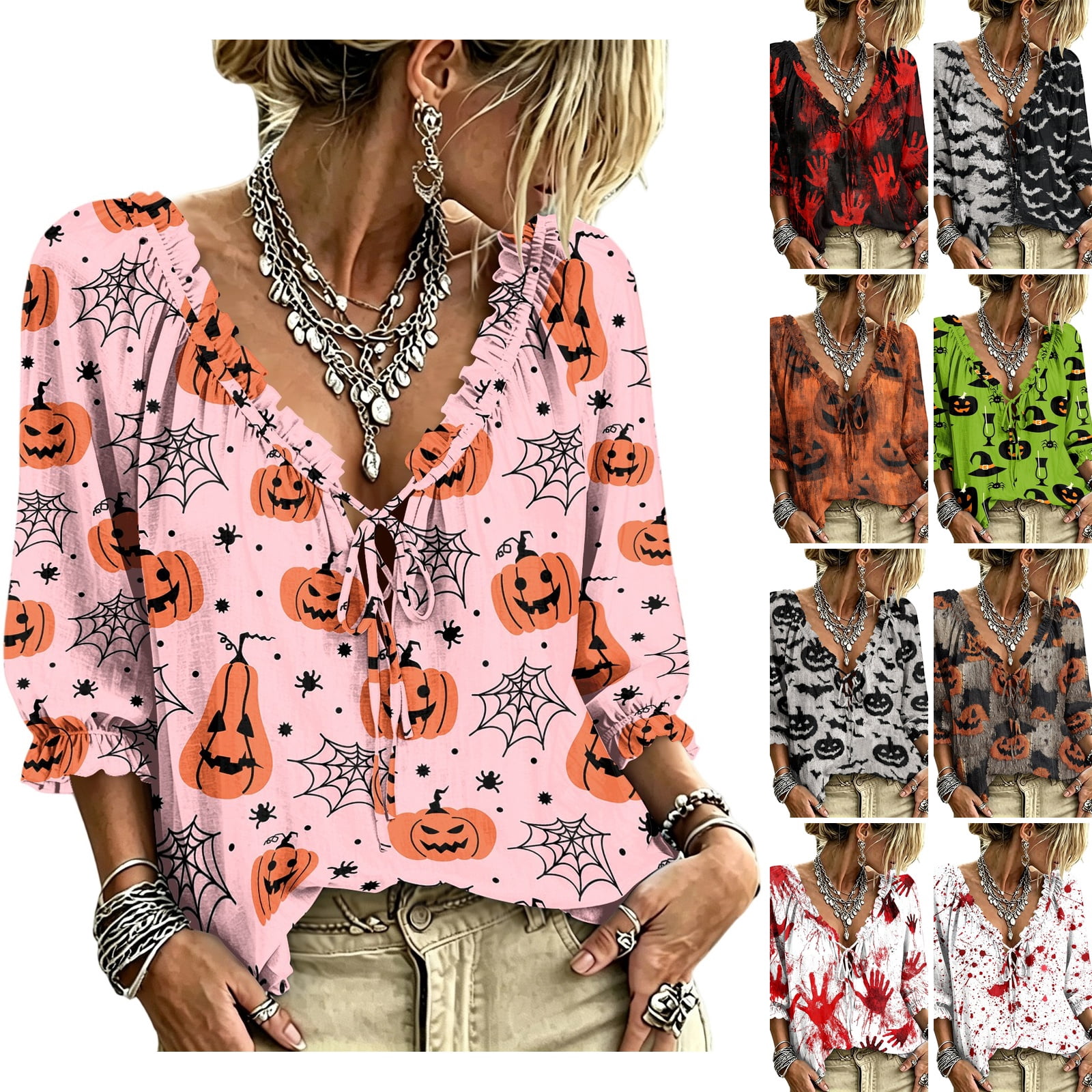 Pink 5202 WULMLEO Womens Halloween Casual Blouses Pumpkin Print V Neck Ruffled 3/ ...
