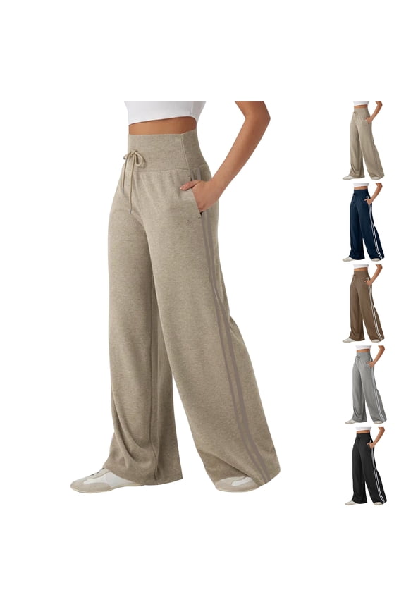 Womens High Rise Side Striped Yoga Sweatpants with Pockets, Contrast Trim Trendy Wide Leg Loose Pants for Gym Sport Street Gray XL