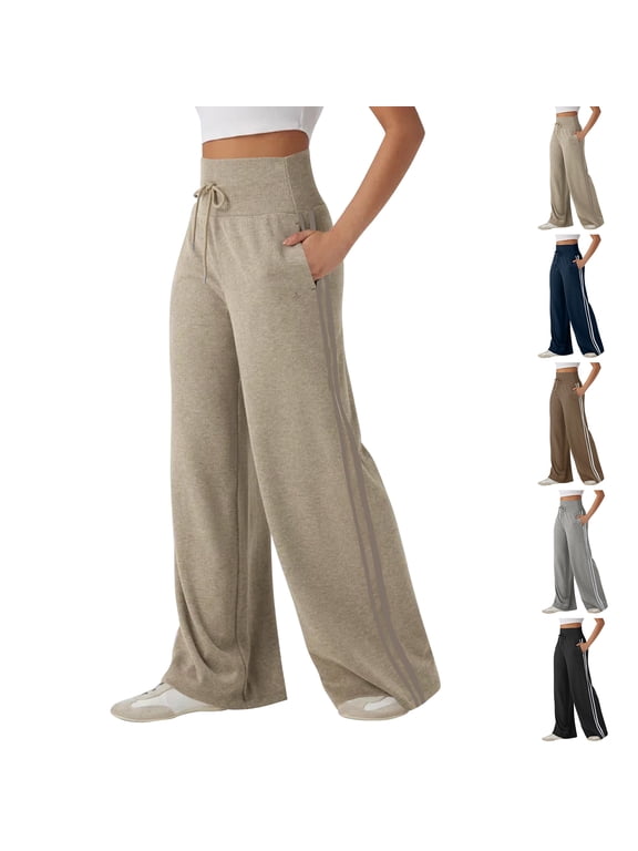 Womens High Rise Side Striped Yoga Sweatpants with Pockets, Contrast Trim Trendy Wide Leg Loose Pants for Gym Sport Street Light Brown XL