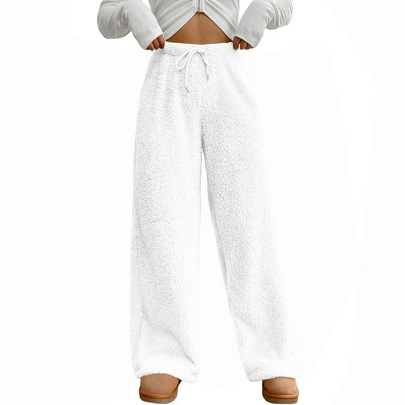 WULMLEO Womens High Waist Fleece Pajamas Pants Warm Cozy Sherpa Plush Lounge Sleep Trousers Casual Drawstring Sleepwear White M