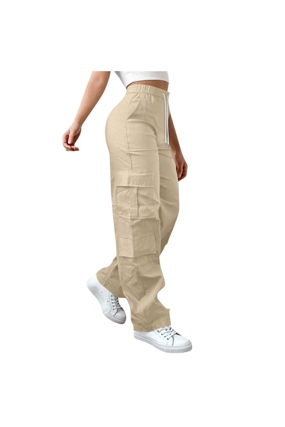 Womens Hiking Pants Cargo Elastic Waist Cropped Wide Straight Leg Trousers Baggy Lounge Trendy Pant Athletic Lightweight 2026 Streetwear with Pockets Beige 3XL