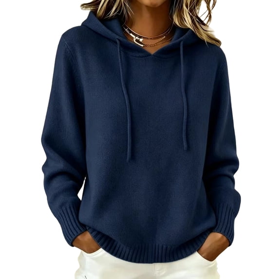 WULMLEO Womens Knit Hooded Sweater 2026 Fall Winter Long Sleeve Oversized Lightweight Pullover Casual Tops Navy M
