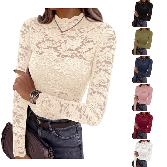 WULMLEO Womens Lace Long Sleeve Tops Sheer Mesh Blouse Beige M