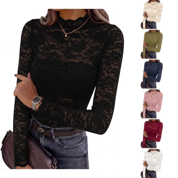 WULMLEO Womens Lace Long Sleeve Tops Sheer Mesh Blouse Black M
