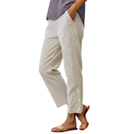 WULMLEO Womens Linen Pants Elastic Waist Straight Leg Petite Beach Pant Summer Lightweight Casual Lounge Trousers Khaki 2XL