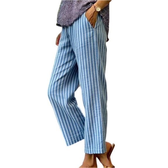 WULMLEO Womens Linen Pants Elastic Waist Straight Leg Petite Beach Pant Summer Lightweight Casual Lounge Trousers Light Blue XL