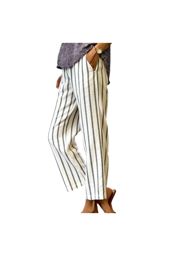 Womens Linen Pants Elastic Waist Straight Leg Petite Beach Pant Summer Lightweight Casual Lounge Trousers White S