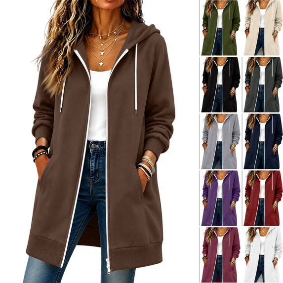 WULMLEO Womens Long Hoodies Lined Full Zip Up Hooded Long Sleeve Jacket Casual Lightweight Sweater Coat Loose Fit Vacation Pullover Tops with Pocket Brown XL
