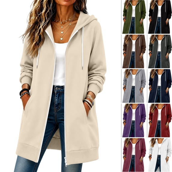 WULMLEO Womens Long Hoodies Lined Full Zip Up Long Sleeve Hooded Sweater Coat Casual Cute Sweatshirts Lounge Business Pullover Tops with Pocket Beige 3XL