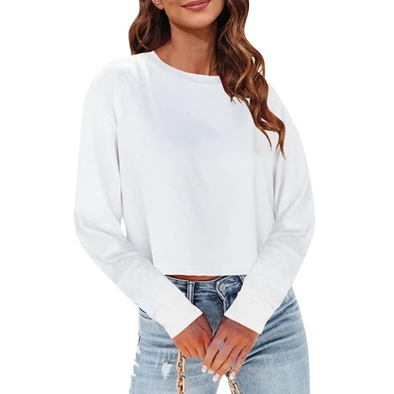 WULMLEO Womens Long Sleeve Crop Tops Loose Fit Fall Cropped Tshirts 2026 Crew Neck Casual Shirts White XL