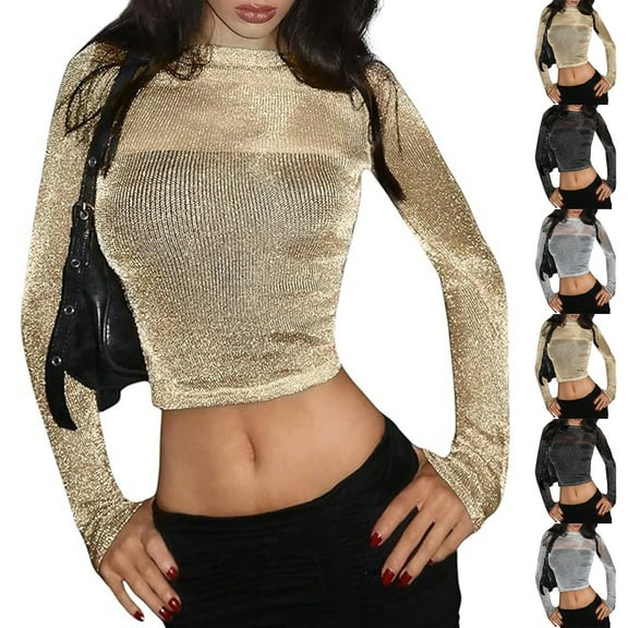 WULMLEO Womens Long Sleeve Sequin Crop Tops Casual Crewneck Glitter Sparkly Pullover T Shirts Party Night Dance Clubwear Gold L