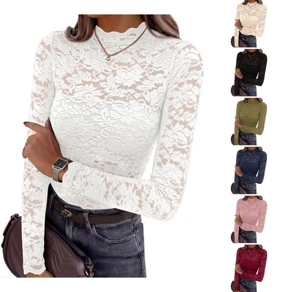 WULMLEO Womens Long Sleeve Sheer Lace Top Mock Neck Slim Floral Fall Pullover White S