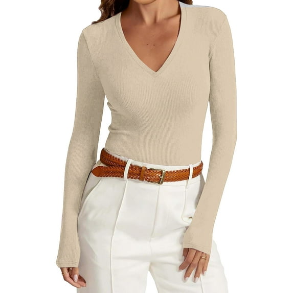 WULMLEO Womens Long Sleeve Shirts 2025 Fall Trendy Deep V Neck Slim Fit Basic Tops Casual Going Out Top Tee Blouse Beige L