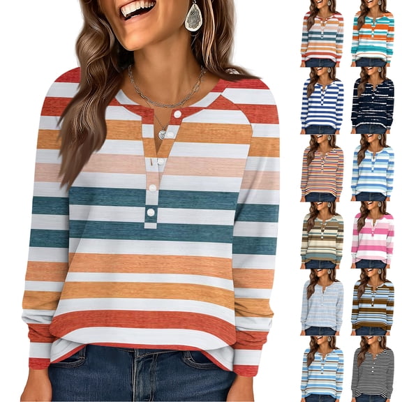 WULMLEO Womens Long Sleeve T-Shirts Fall Casual V-Neck Henley Button Down Tunic Tops Dressy Versatile Classic Loose Fit Shirts Multicolor M