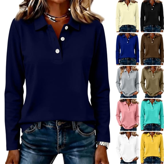 WULMLEO Womens Long Sleeve Tops Casual Loose Fit Quick Dry Work Golf Polo Shirts Navy XL
