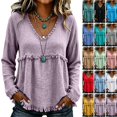 thumbnail image 1 of WULMLEO Womens Long Sleeve V Neck Tops Cotton Linen Fringe Trim Casual Blouses Purple S, 1 of 9