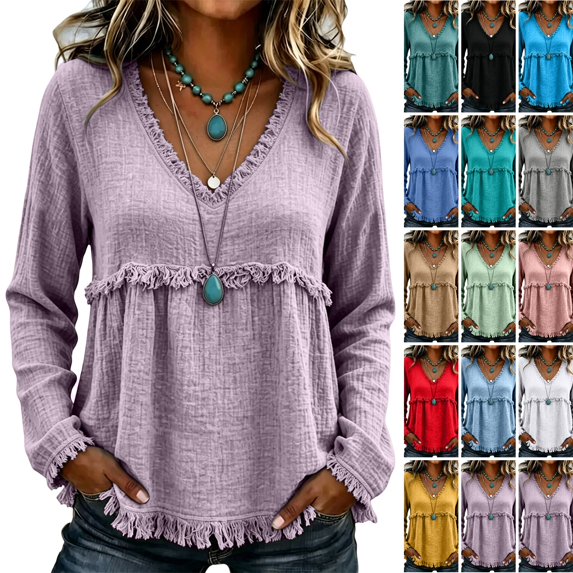 WULMLEO Womens Long Sleeve V Neck Tops Cotton Linen Fringe Trim Casual Blouses Purple S