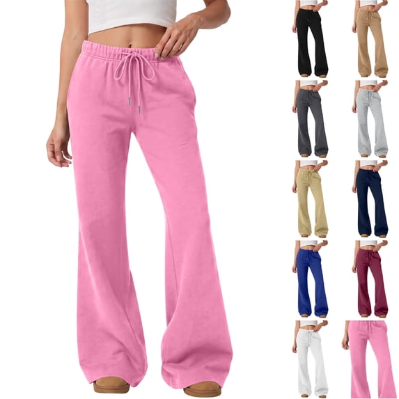 WULMLEO Womens Loose Flare Sweatpants High Rise Side Pockets Casual Stretchy Y2k Soft Yoga Pants Pink L