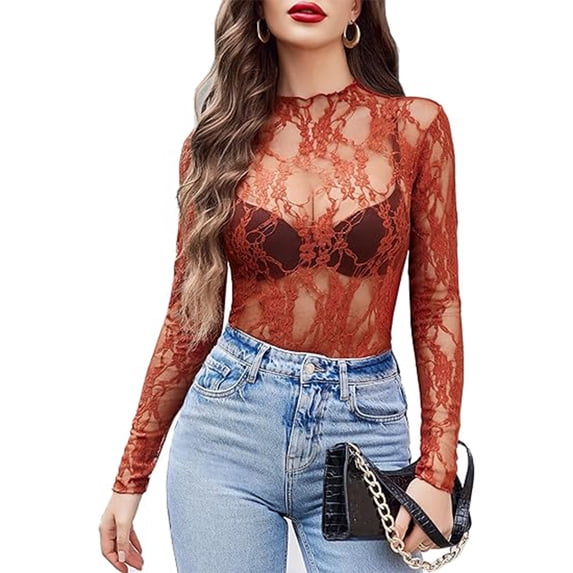 WULMLEO Womens Mesh Long Sleeve Tops Mock Neck Going Out See Through Shirts Sexy Sheer Blouses Clubwear Watermelon Red L