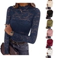 thumbnail image 1 of WULMLEO Womens Mock Neck Lace Tops Long Sleeve Floral Sheer Mesh Slim Fitted Blouse Navy M, 1 of 7