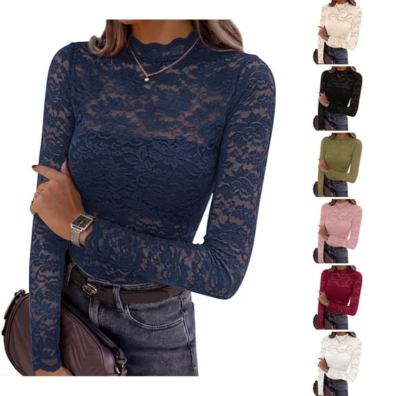 WULMLEO Womens Mock Neck Lace Tops Long Sleeve Floral Sheer Mesh Slim Fitted Blouse Navy M