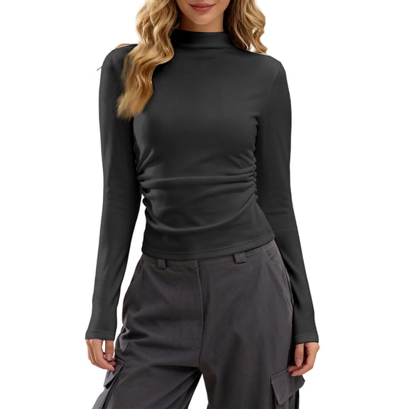 WULMLEO Womens Mock Neck Long Sleeve Thermal Top with Slimming Side Pleats Cropped Warm Base Layer Gray L