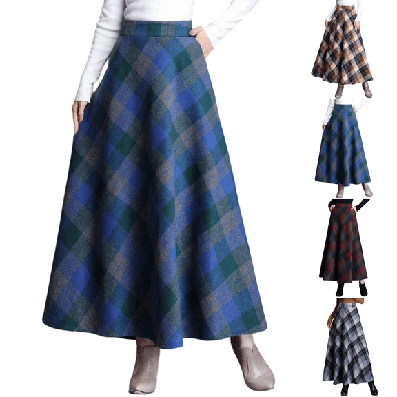 WULMLEO Womens Plaid Wool Skirts - Long Winter Fall Warm High Elastic Waist A-Line Flared Pleated Tartan Skirts Blue M