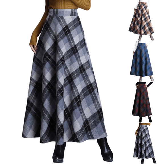 WULMLEO Womens Plaid Wool Skirts - Long Winter Fall Warm High Elastic Waist A-Line Flared Pleated Tartan Skirts Navy M