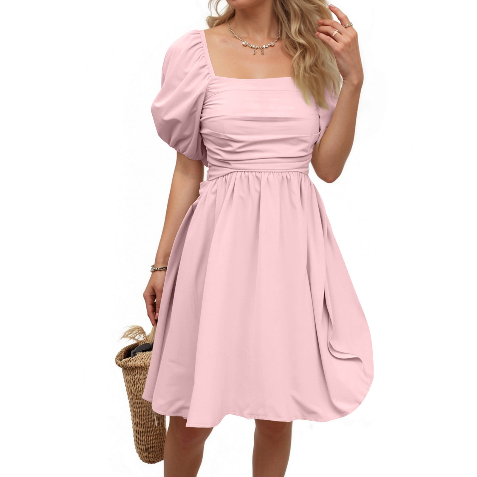 WULMLEO Womens Plus Size Summer Dresses Square Neck Puff Sleeve Ruched WULMLEO Womens Plus Size Summer Dresses Square Neck Puff Sleeve Ruched