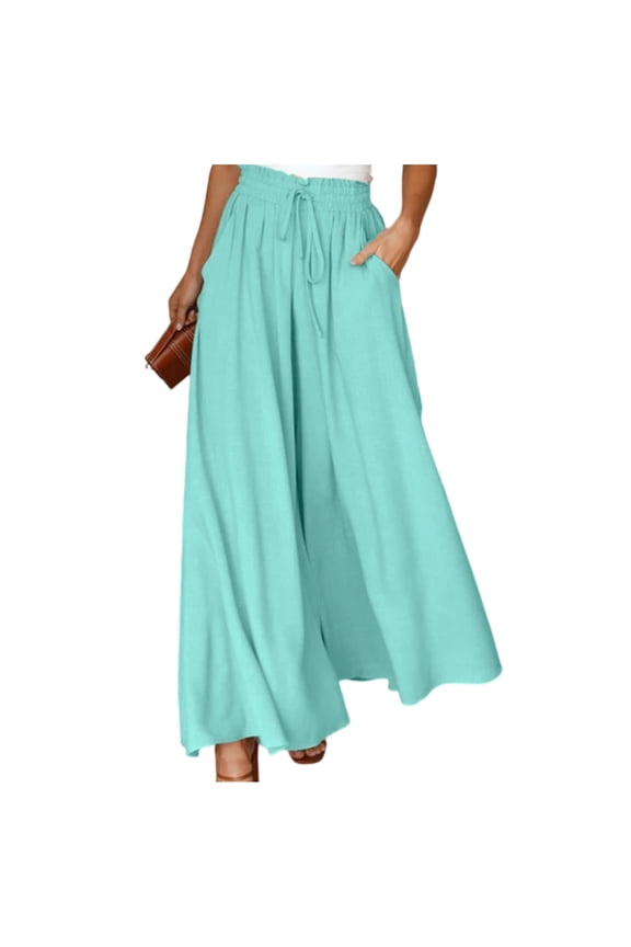 Womens Plus Size Wide Leg Pants Casual Elastic High Waist Flowy Pants Drawstring Palazzo Pants with Pockets Cyan S
