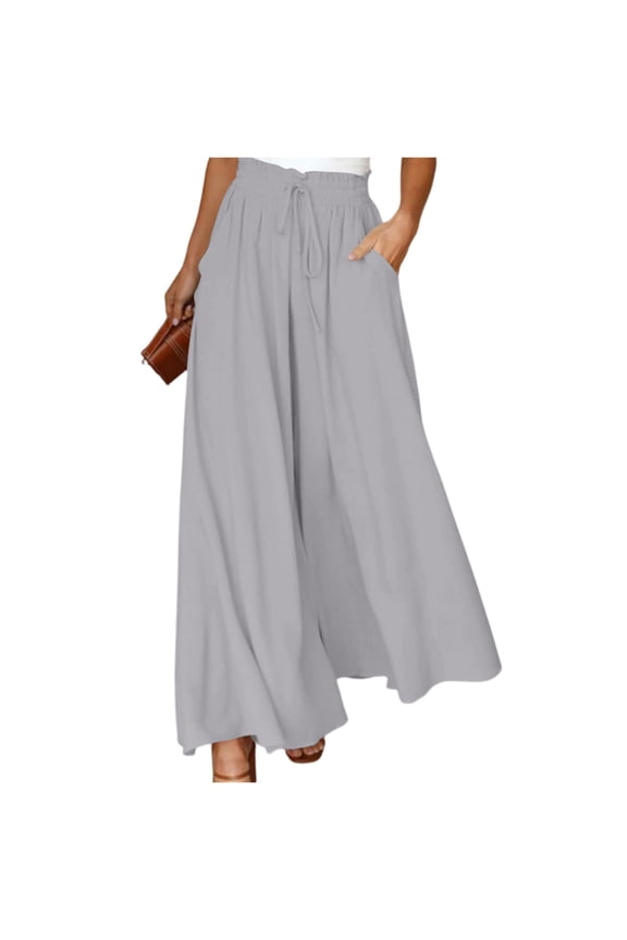 Womens Plus Size Wide Leg Pants Casual Elastic High Waist Flowy Pants Drawstring Palazzo Pants with Pockets Gray S