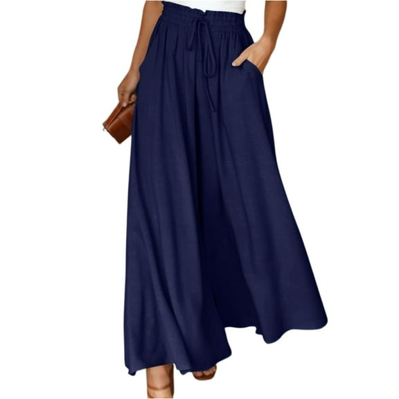 WULMLEO Womens Plus Size Wide Leg Pants Casual Elastic High Waist Flowy Pants Drawstring Palazzo Pants with Pockets Navy S