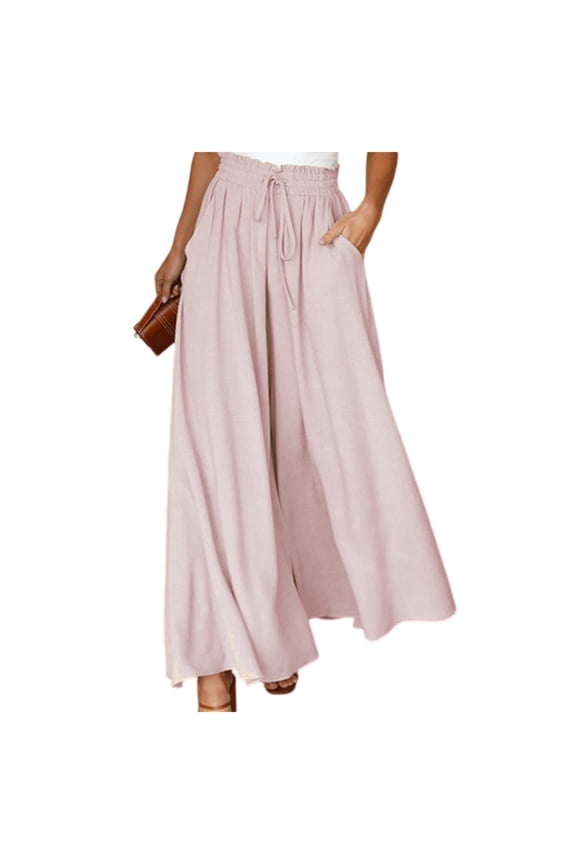 Womens Plus Size Wide Leg Pants Casual Elastic High Waist Flowy Pants Drawstring Palazzo Pants with Pockets Pink S