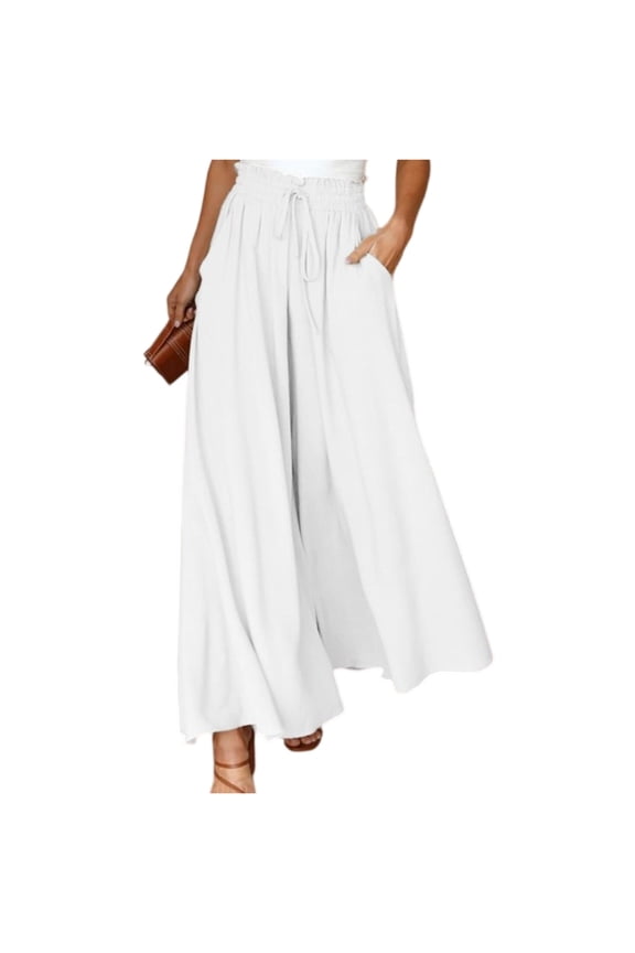 Womens Plus Size Wide Leg Pants Casual Elastic High Waist Flowy Pants Drawstring Palazzo Pants with Pockets White M