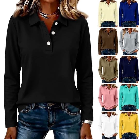 WULMLEO Womens Polo Shirts Long Sleeve Collared Button Golf Work Cute Summer Tops Black S